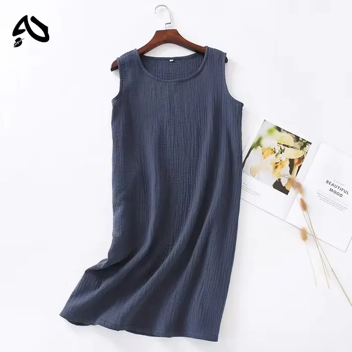 Robe d'été vintage originale 100 % coton gaze, col rond uni, courte ou longue, basique, pour femme, 