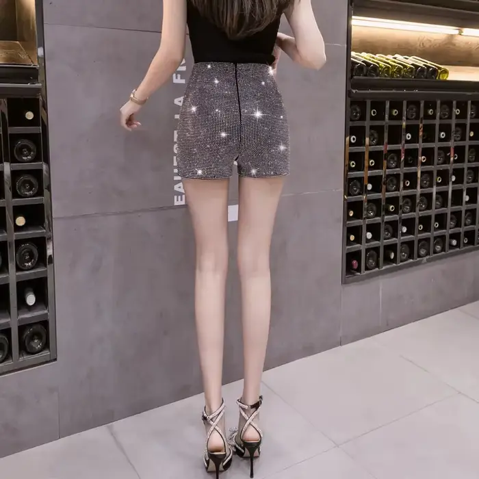 Short élastique noir taille haute pour femmes, Streetwear, plein de diamants brillants, décontracté,