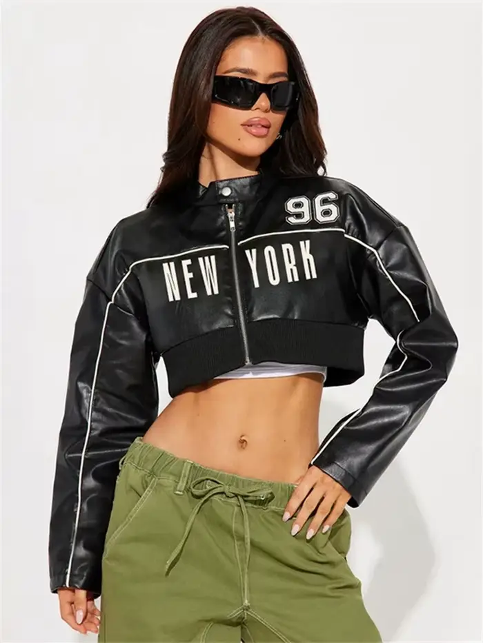 Kliou-Veste en patchwork PU pour femme, manches longues, fermeture éclair, bouton hipster, vêtements