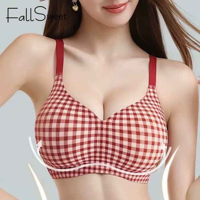 FallSweet Classic Wireless Push Up podprsenka pro malé prsy ženy bezešvý červená kostkovaná Bralette pohodlné spodní prádlo žena podprsenka