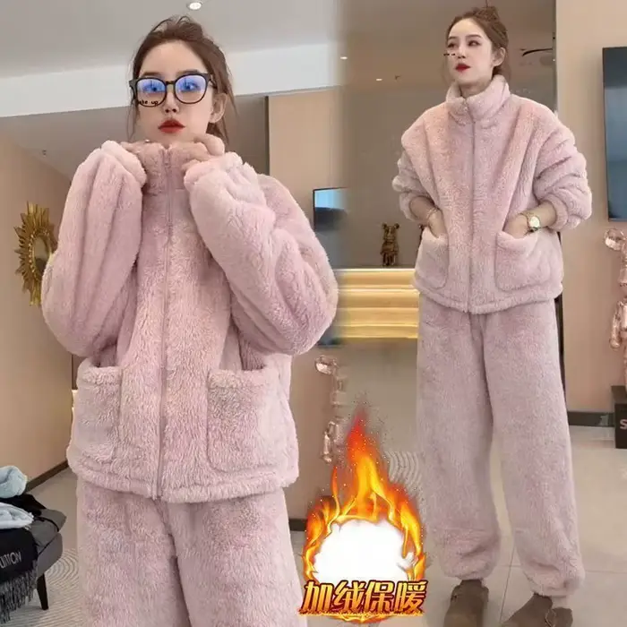 Ensemble pyjama chaud pour femmes, vêtements de nuit en molleton de corail, flanelle, Cardigan épais à fermeture éclair, costumes de maison décontractés, automne et hiver