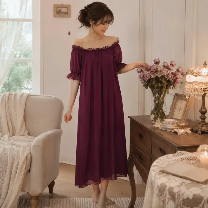 Robe de nuit transparente à épaules dénudées pour femme, col en V, manches courtes, avec volants, longue, pour la maison