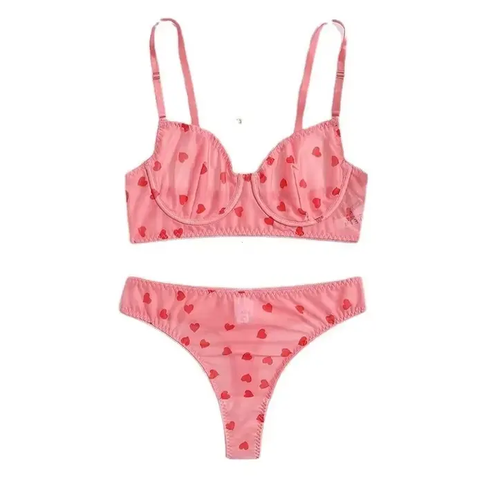 Ensemble de lingerie féminine sexy transparente avec imprimés d'amour soutien-gorge push-up et culotte ajustable pour femmes occasions spéciales