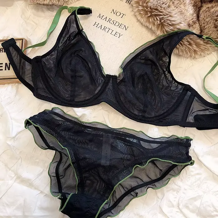 Velikostní minimalizační podprsenka s kosticemi Francouzský styl Trojúhelníkový košíček Push Up Sexy síťovaný set