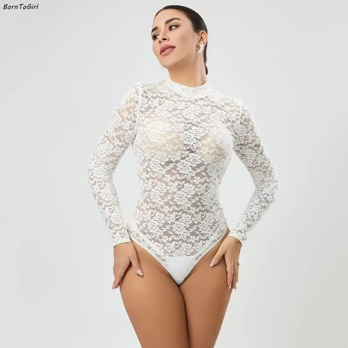 BornToGirl Sexy Body femmes noir blanc moulante à manches longues une pièce mince dentelle Body combinaison hauts Body Suit Y2K