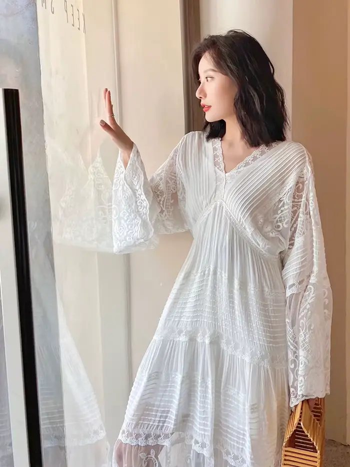 Pouvez-vous psyLady-Robe maxi blanche en dentelle florale pour femmes, élégante, coton nickel é, col