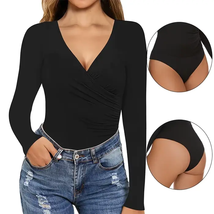 Unicontrol-Body Shaper pro ženy, hlavice s hlubokým V, dlouhé rukávy, kombinézy se střídajícími se oblouky, přehoz s křížem a zpětnou vinutinou, sexy oblečení