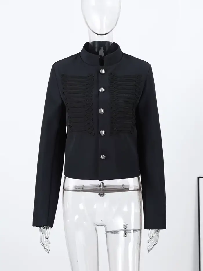 Veste Vintage Femme Col Montant Simple Boutonnage Manches Longues Style Napoléon Manteau Chic Haut d