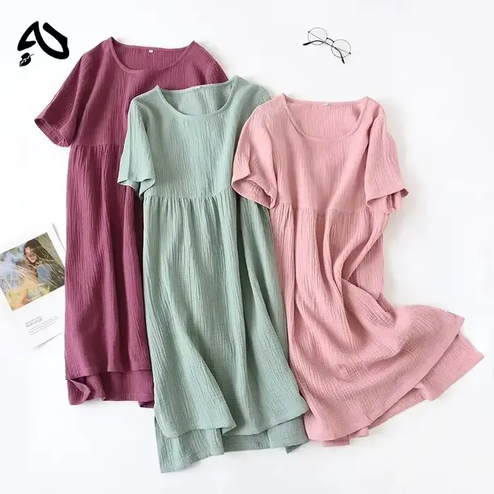 Robe d'été vintage originale 100 % coton gaze, col rond uni, courte ou longue, basique, pour femme, 