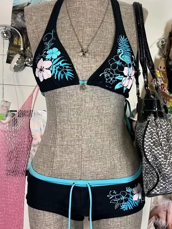 Vintage květinový potisk Cutie bikini set 2000s plavky Sexy ženy plavková móda halter