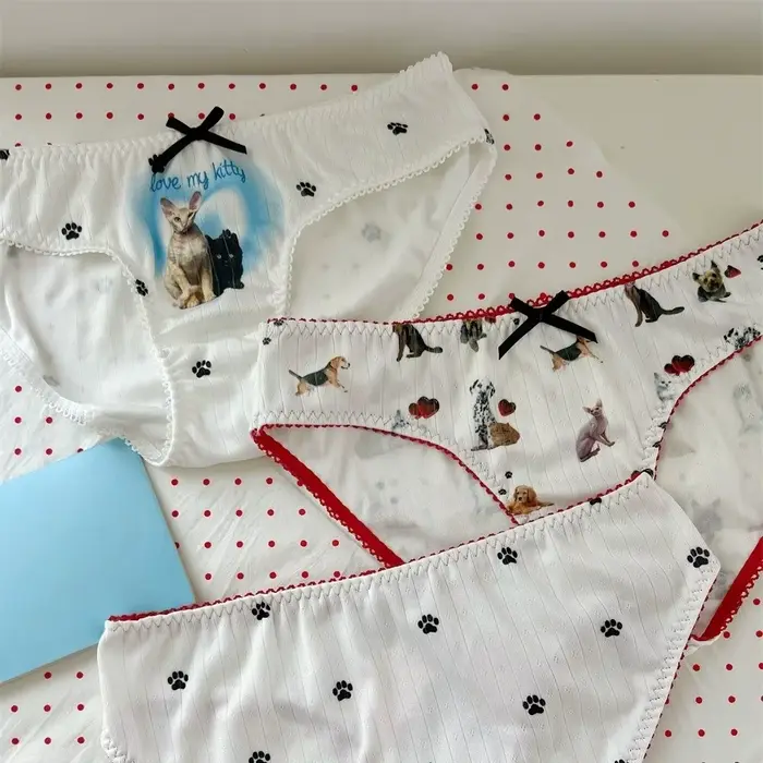 Culottes Lolita imprimées chiots et chatons, culottes Kawaii à motif patte de chat, culottes en coton avec nœud, motif chien pour femmes