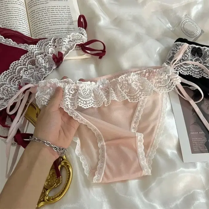 Nízký pas krajky Lolita kalhotky s mašle, bavlněný rozkrok, dámské spodní prádlo, síťované spodní prádlo a krajky pro dívky