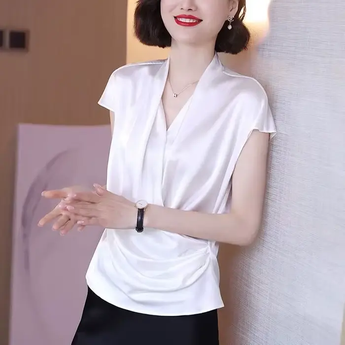 2026 été belles chemisiers pour femmes mode mousseline de soie col en V femmes Blouses Satin bureau