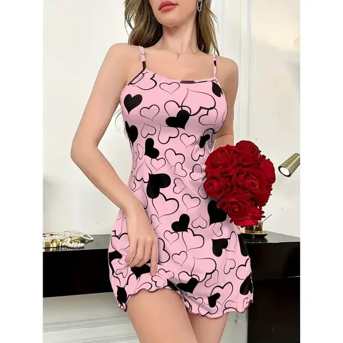 Robe de nuit d'été sexy pour femme, imprimé cœurs, mini-robe à bretelles, vêtement de nuit, nuisette, tenue décontractée