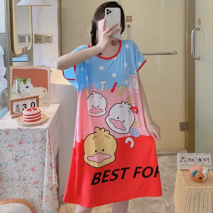 Chemise de nuit d'été et d'automne pour filles, 1 pièce, robe confortable à manches courtes, vêtements de maison pour femmes, pyjama en Polyester