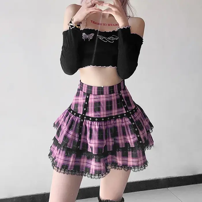 FISalle de bain R Mall Goth Gothic Lace Ruffle Mini Jupes pour femmes, Harajuku Grunge, Rose nickel 
