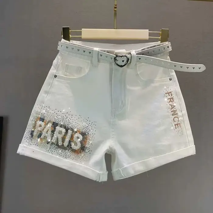 Short en Jean blanc pour femmes, taille haute, ample, à la mode, lettre diamant, nouvelle collection