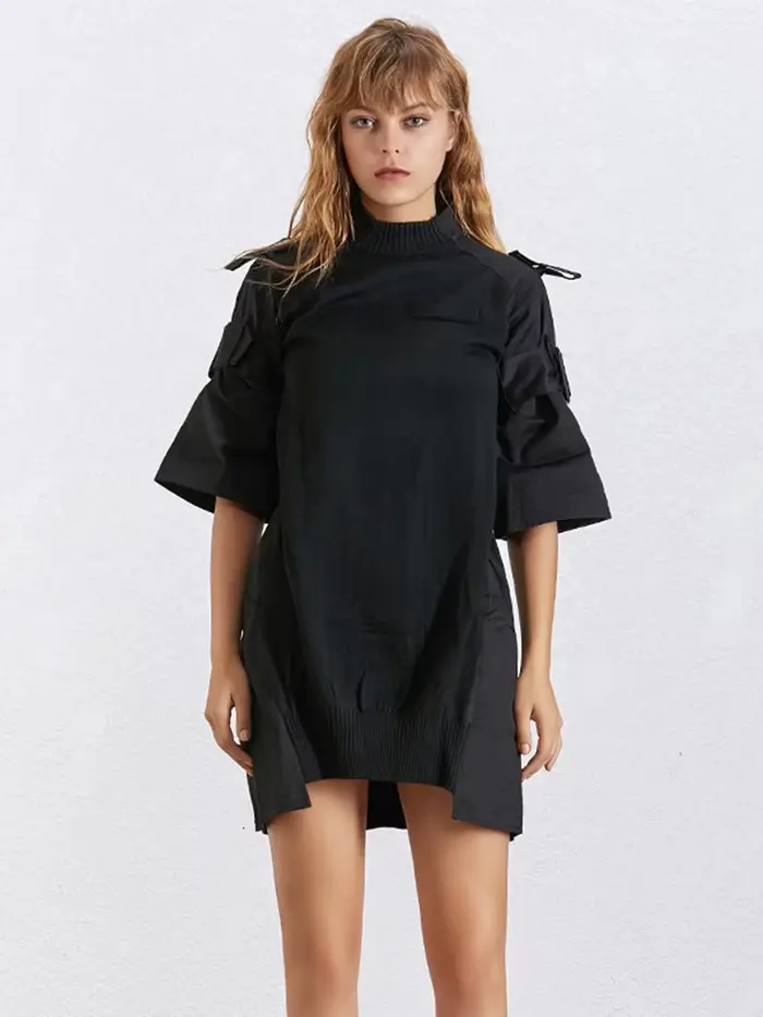 TWOTWurea YLE-Robe tunique unie pour femme, col rond, manches courtes, taille haute, lacets épissés,