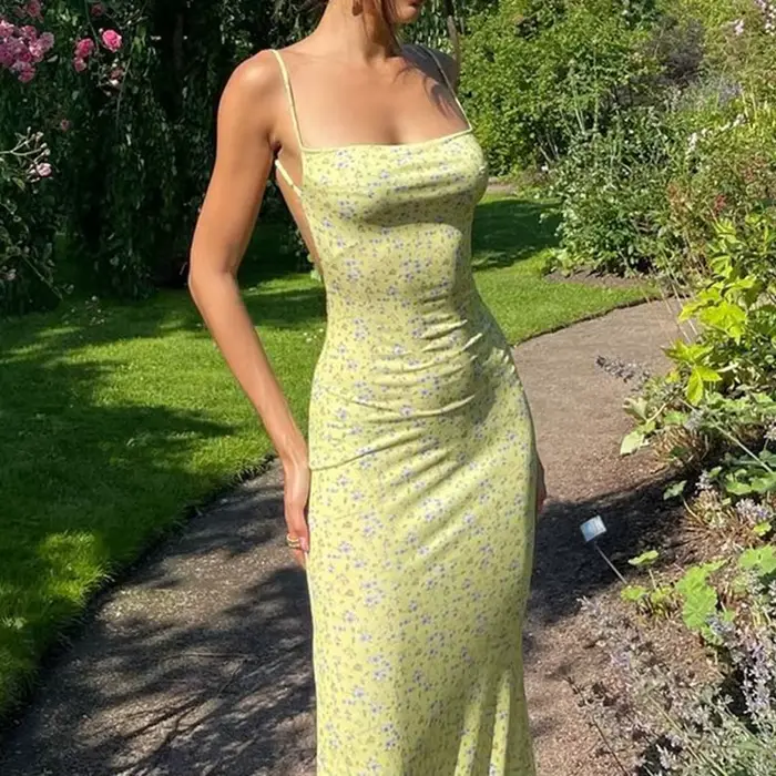 Robe longue imprimée florale pour femmes, bretelles spaghetti, dos nu, mince, streetwear, style déco