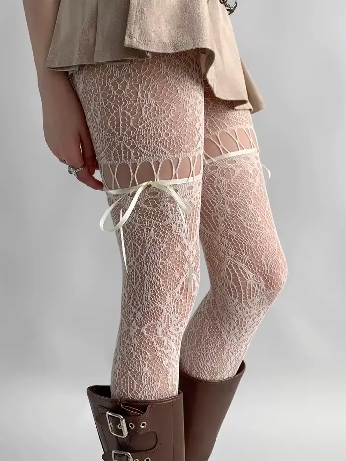 Collants beiges pour femmes, nouveau Design, Sexy, transparent, maille transparente, bas en résille, uniforme JK, sangle avec nœud papillon, bas en dentelle