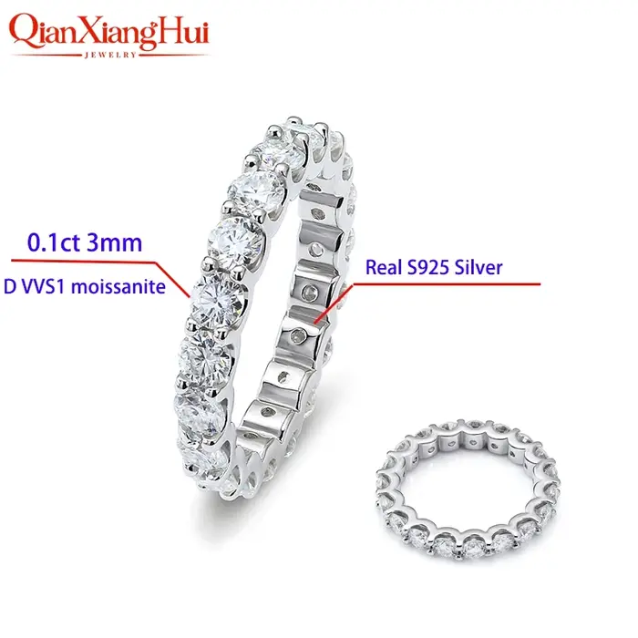 Stříbrný snubní prsten 925 s bílými kulatými Moissanite diamanty 2 mm a 3 mm
