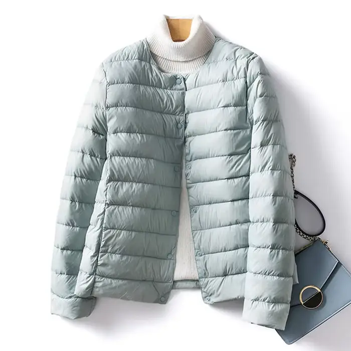 Veste en duvet de canard pour femme, col rond, col en v Variable, garde au chaud, sans col, manteau