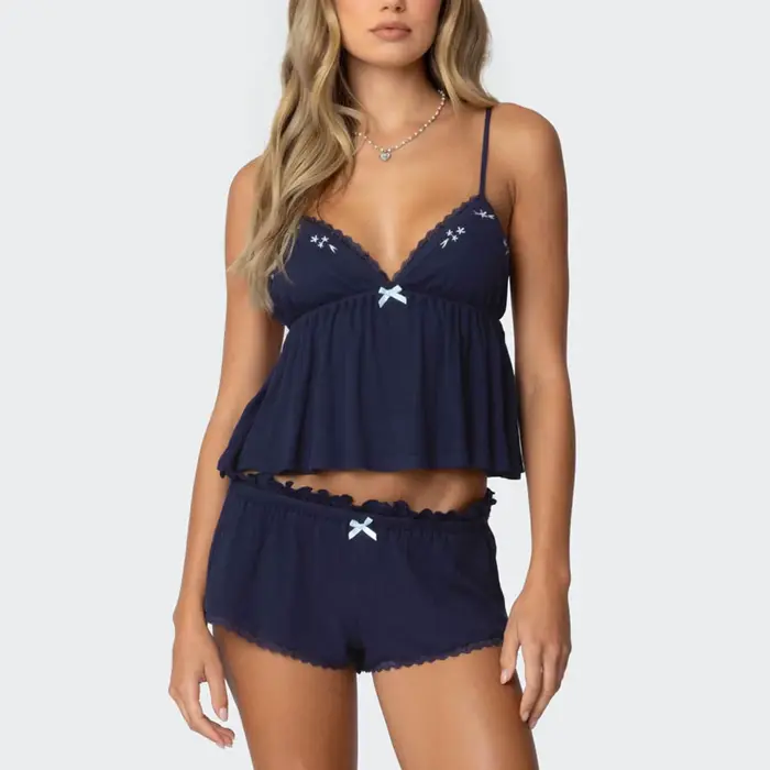 Gaono Ensemble pyjama d'été pour femme élégant avec bordure en dentelle brodée et short, vêtements de salon Y2K, mignon ensemble de 2 pièces