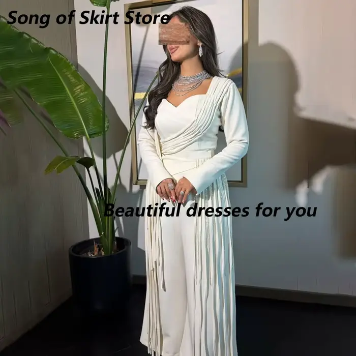 Robe de soirée élégante à col cœur, manches longues, drapée, avec franges, longueur ras du sol, pour invitée de mariage ou bal de promo, personnalisable pour femme