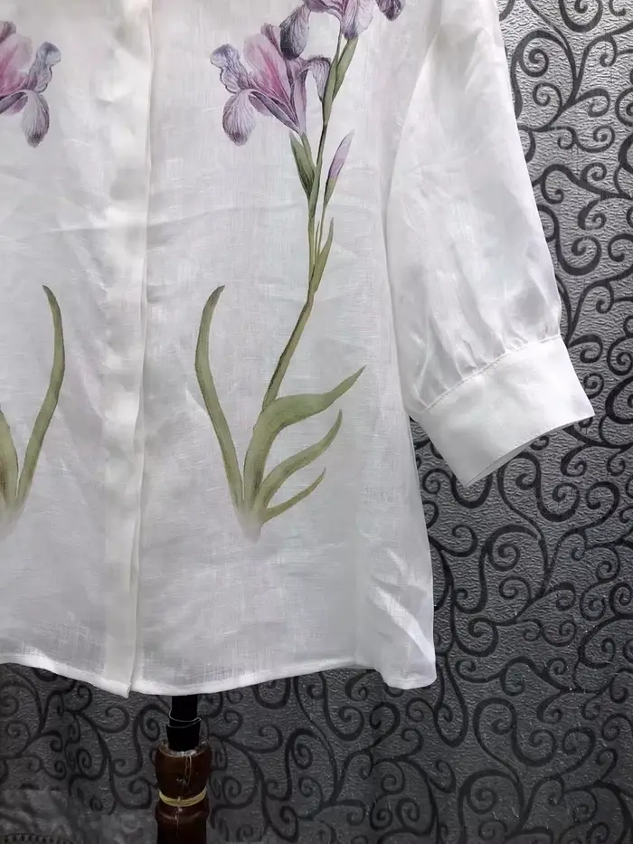 Chemisier 100% Lin pour Femme, Style Printemps-Été 2026, Col Rabattu, Imprimé Floral Violet, Manches