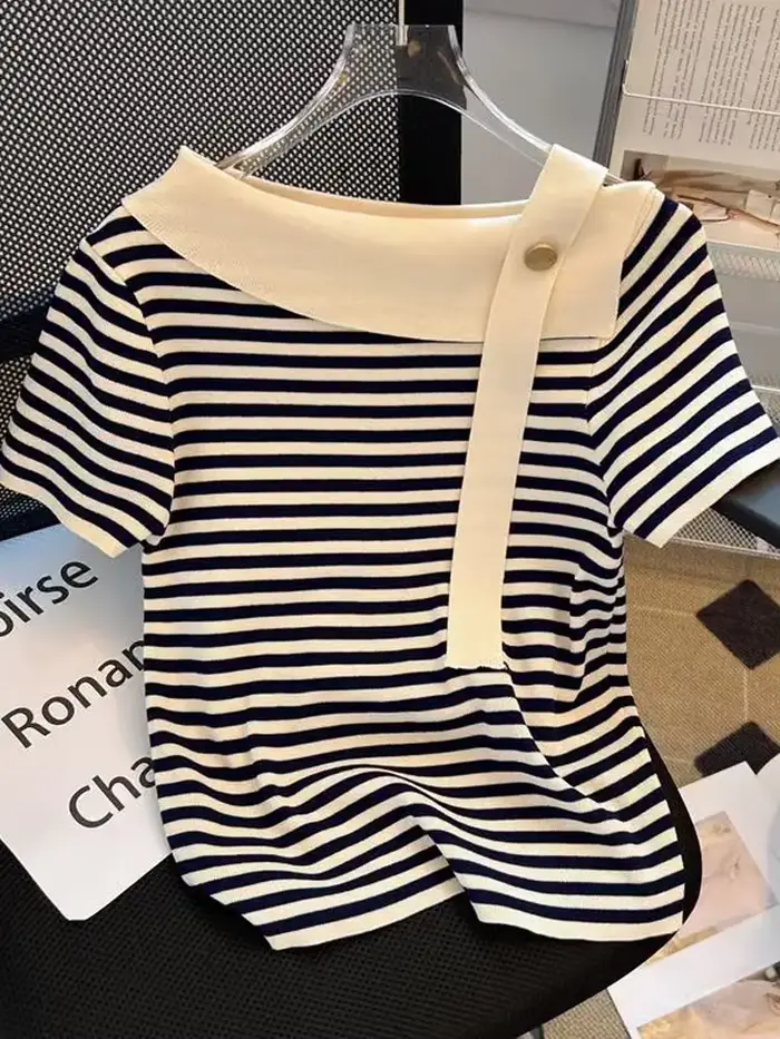Été Sexy pull femmes tricot t-shirts hauts mode rayé élégant Chic t-shirts pull à manches courtes pu