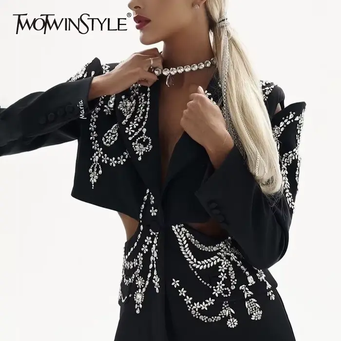 TWOTWINSTYLE évider Patchwork diamants Blazers pour femmes col cranté manches longues épissé bouton