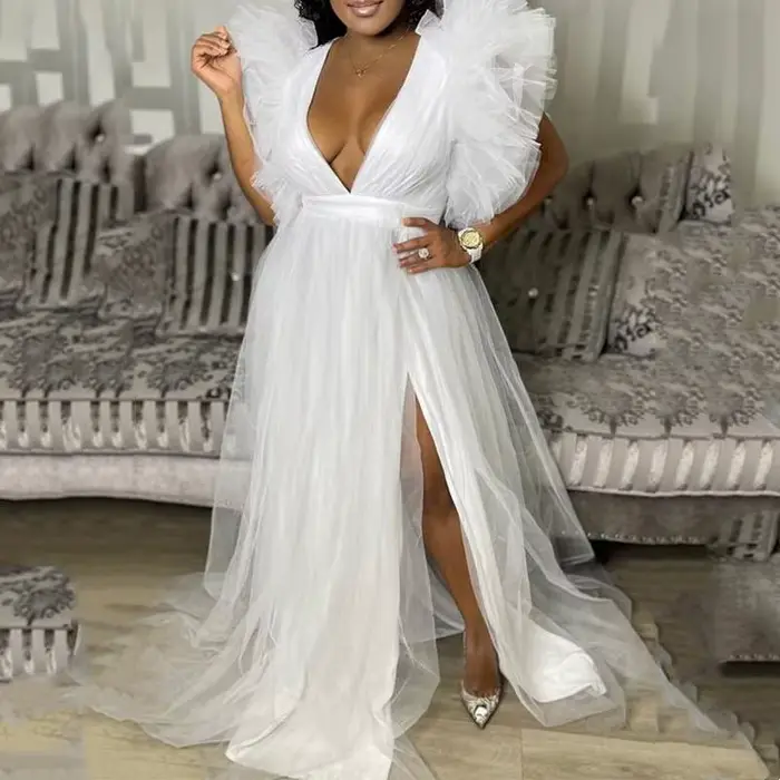 Robe de soirée en mousseline de soie blanche pour femmes, manches courtes, col en V, grande taille,