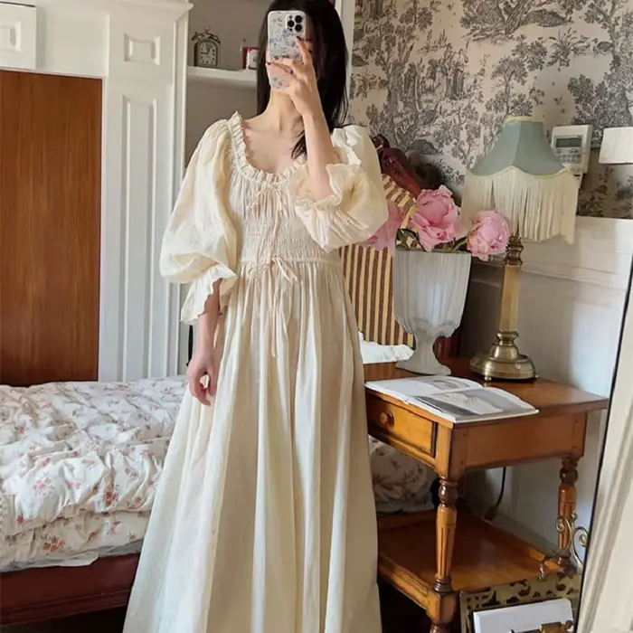Vysoce kvalitní Vintage měkké čisté bavlněné dlouhé noční košile pro ženy dlouhý rukáv elegantní pohodlné výšivky volné noční košile