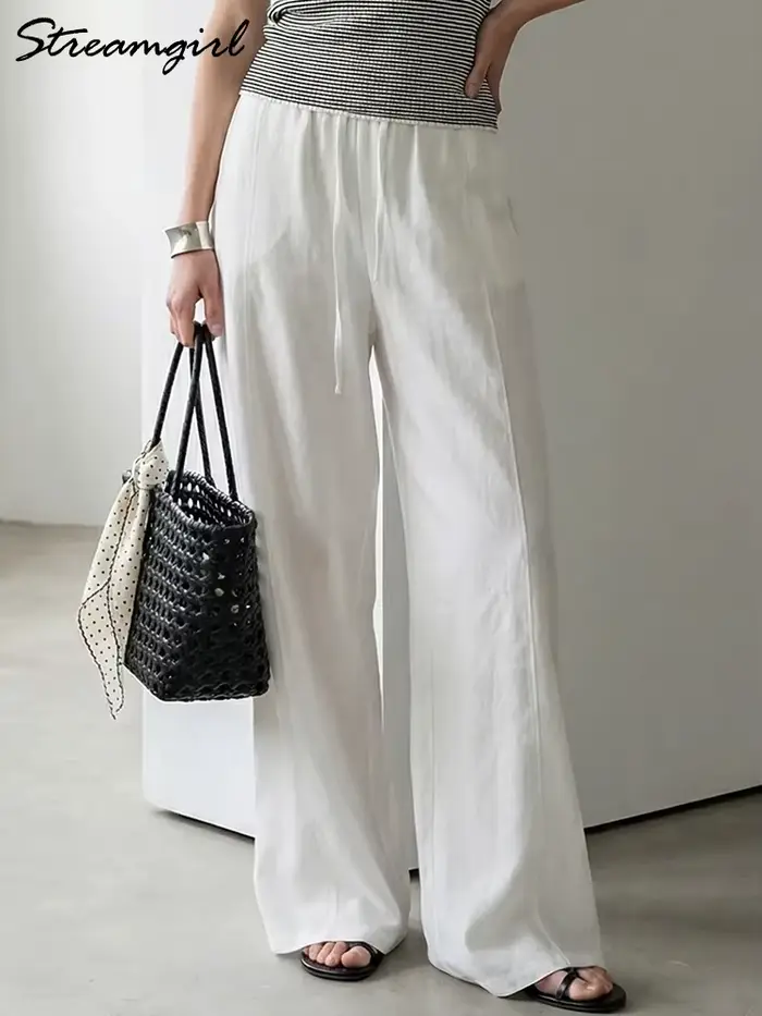 Pantalon d'été en coton pour femmes, coupe large, bleu, avec bande élastique, jambe droite, blanc, a