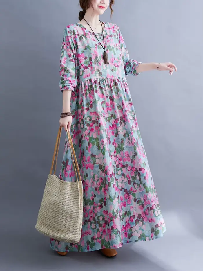 Robe Longue Femme en Coton Imprimé Floral Vintage à Manches Longues Printemps Automne 2026 – Décontr