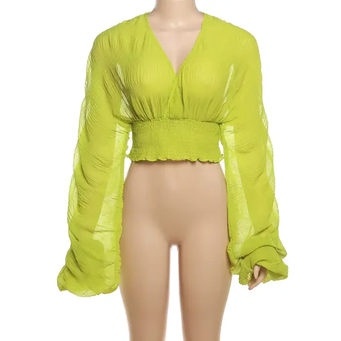 Chemisier en mousseline de soie plissée pour femmes, couleur unie, mode Sexy, col en v, manches long