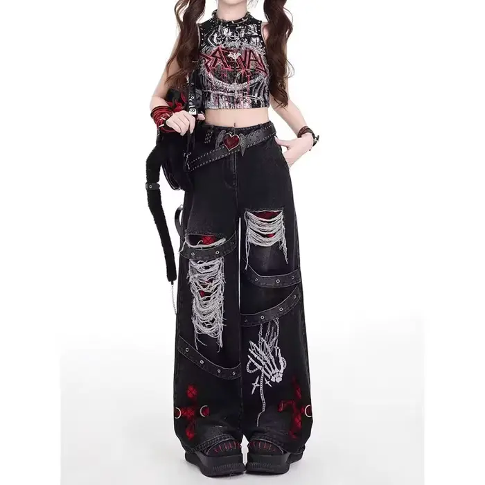 Style américain épicé fille lâche paresseux et détendu denim pantalon femme punk rétro lavé à la mod