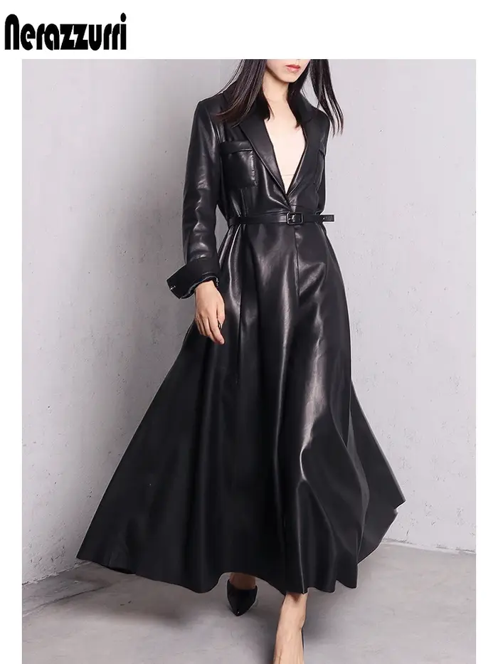 Nerazzurri-Manteau Maxi en Cuir PU pour Femme, Jupe Extra Longue, Pardessus Élégant, Rouge, Noir, Ha