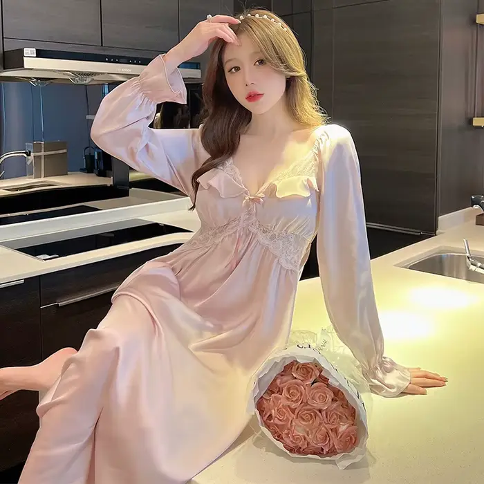 V-Neck krajka dlouhá noční košile pro ženy, sexy noční košile, noční košile palácového stylu, noční košile princezny, saténové šaty, nové