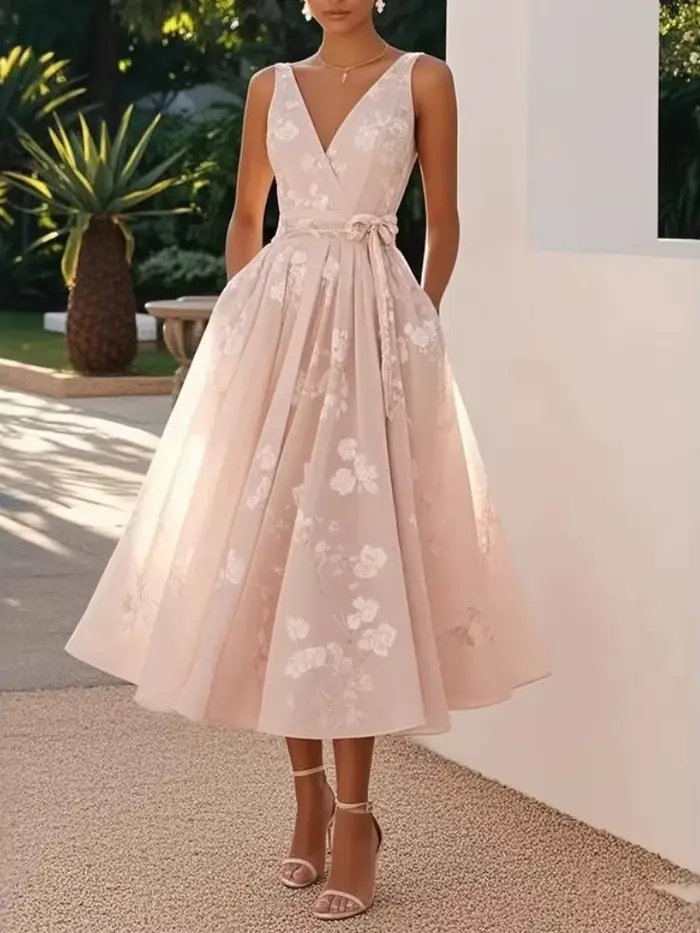 Robe longue élégante imprimée à col en V, sans manches, en maille, avec nœud à la taille, pour femme