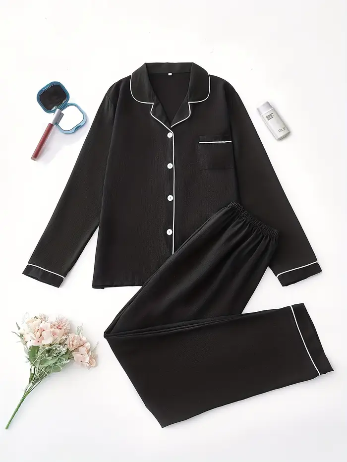 Dámské dlouhé rukávy pyžamo Set, příležitostné tlačítko kapesní Top pro dokumenty, dlouhé kalhoty, tkané polyester, dospělé pyžamo pro podzim