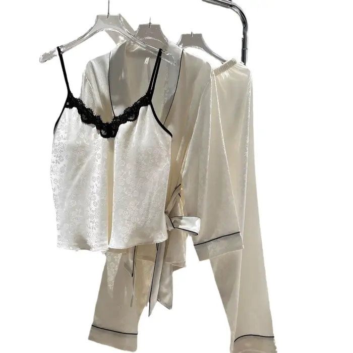 Pyjama français élégant, ensemble 3 pièces, Jacquard exquis, Cardigan à manches longues, pantalon Cami, vêtements de nuit pour printemps et été, vêtements de maison