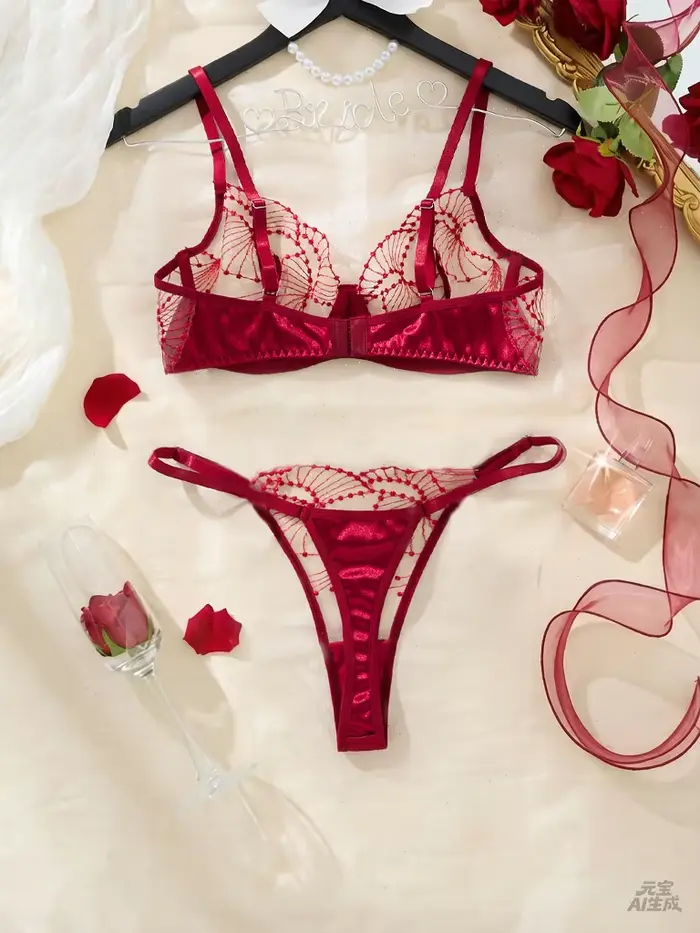 Ensemble de lingerie brodée rouge vin romantique pour la Saint-Valentin - ensemble de deux pièces sexy en maille transparente avec soutien-gorge push-up ZA825287