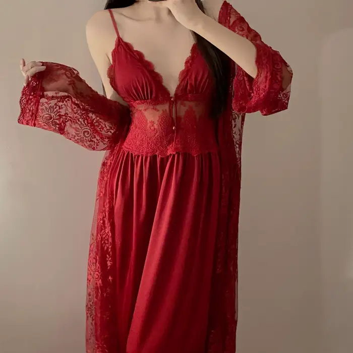 Podzimní dámské krajkové noční prádlo Župan Dvoudílné spodní prádlo Rayon šaty oblek Dámské noční košile noční prádlo Kimono šaty Set