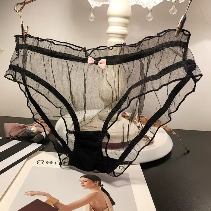 Dámské sexy průhledné kalhotky růžové s mašlí