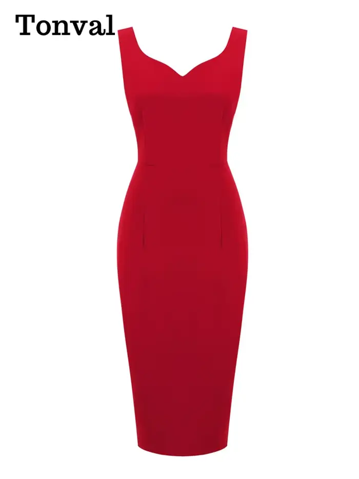 Tonval – robe crayon mi-longue pour femmes, col en cœur, sans manches, bureau, Vintage, rouge, coule