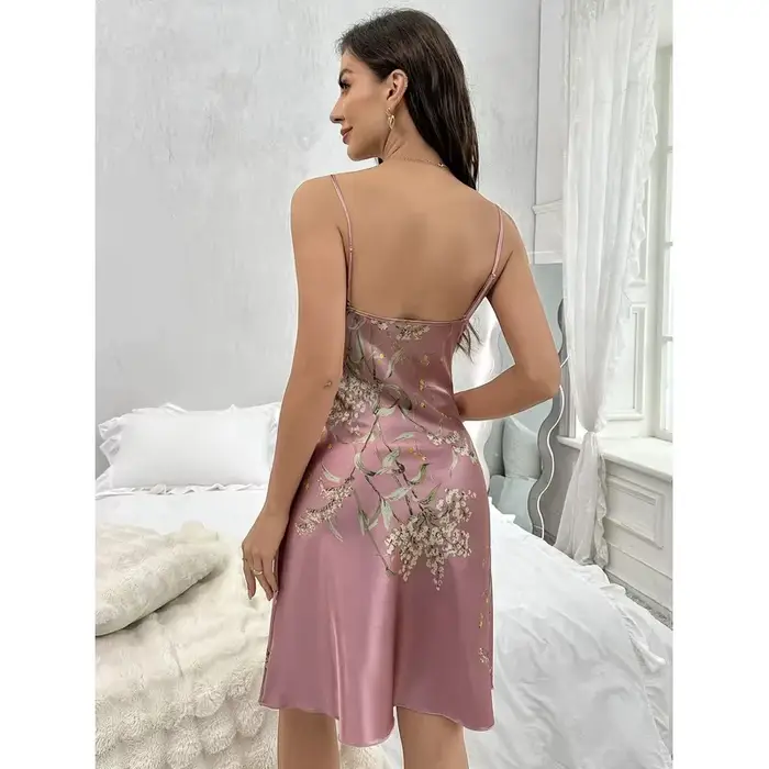 Robe de nuit sexy à imprimé floral d'été, col en V, bretelles spaghetti, robe de nuit pour femmes, vêtements de nuit confortables