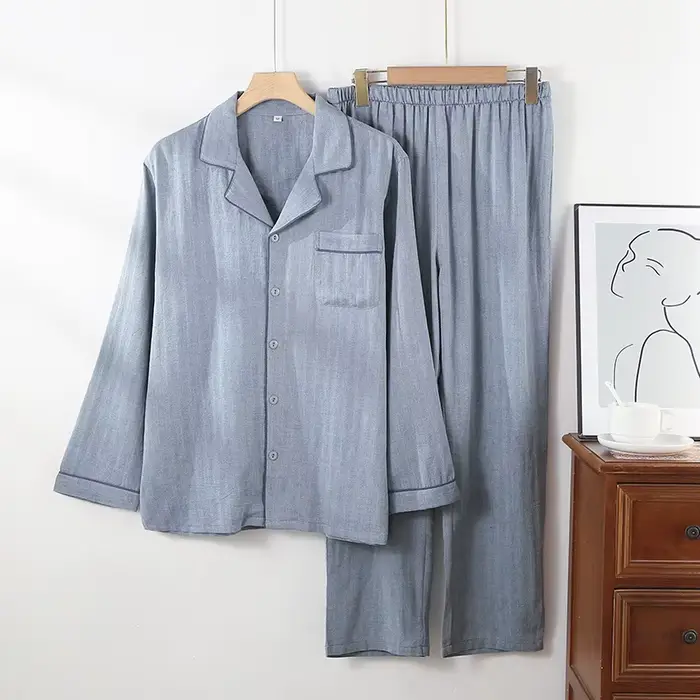Japonský styl pár pyžama, 2dílná sada, 100% bavlna, dlouhé rukávy, jednoduché potisk kárované kalhoty, dámské / pánské oblečení na spaní