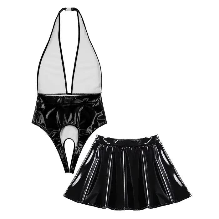 Sissy-Ensemble de lingerie en cuir pour femme, licou, entrejambe ouvert, batterie, mini jupe, vêtements de nuit tentants