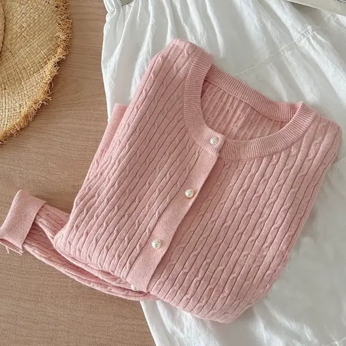Élégant à manches longues tricots hauts femmes automne hiver simple boutonnage pull col rond épais c